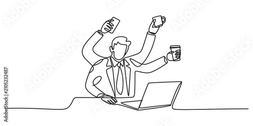 Continuous line drawing of a busy businessman multitasking at his office desk