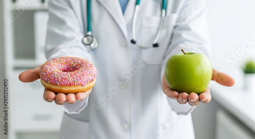 A doctor in a white coat holds a donut in one hand and a green apple in the other, symbolizing a choice between unhealthy and healthy food.