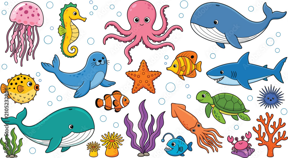 Obraz premium Cute sea animals collection colorful marine life fish octopus whale shark under water vector illustration elements set on white background
