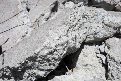 Photography Broken concrete rubble and rebar debris close up