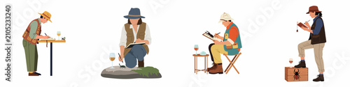 Obraz na płótnie Set of illustrations depicting entomologists or naturalists observing and sketching various beetle species in the field, featuring safari clothing and artistic tools