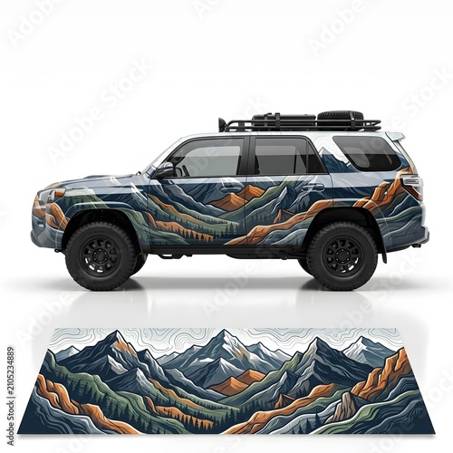 Adventure SUV Wrapped in Mountain Landscape Art, Off-Road Vehicle with Scenic Decal, Outdoor Exploration Theme