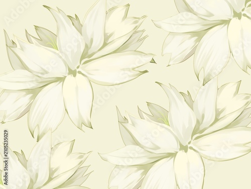 Illustration of white lotus flowers with light green accents on a soft beige background. The flowers have smooth, elongated petals with subtle shading, creating a gentle, harmonious pattern. The repet