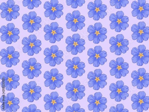 Obraz na plátne Pattern of blue flowers with five petals and yellow centers, arranged symmetrically on a light purple background