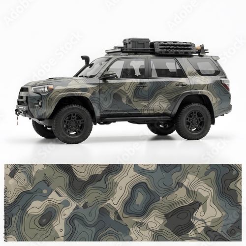 Custom Camouflage Wrap on Off-Road SUV with Rooftop Cargo and Accessories, Topographic Pattern Decal