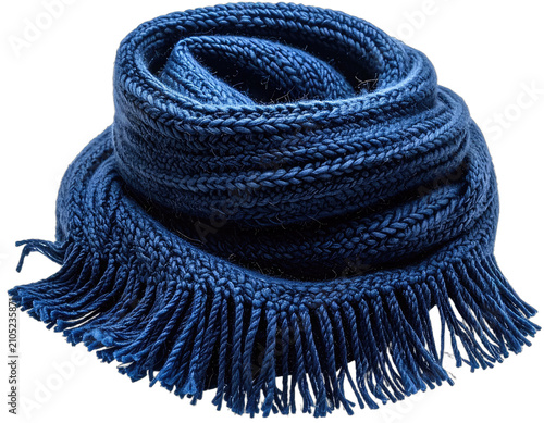 A deep blue knitted scarf with fringe detail is presented against a black background.