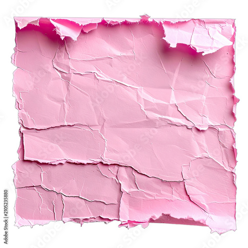 Close-up of crumpled pink paper with torn edges on a black background.