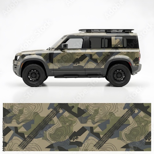 Camouflage Vinyl Wrap for Off-Road SUV Vehicle with Tire Tracks and Topographic Map Pattern