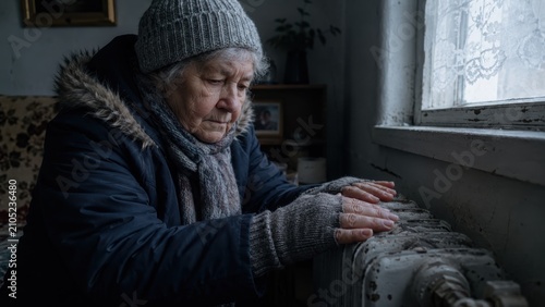 Senior woman warming hands by radiator in coat energy poverty