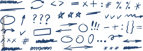 Hand drawn infographic elements set, doodle arrows, lines, checkmarks, stars and punctuation symbols isolated on white