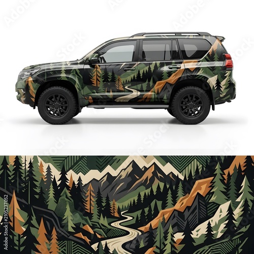 Off-road SUV wrapped in forest camouflage vinyl decal, featuring mountain landscape design with trees and winding road.