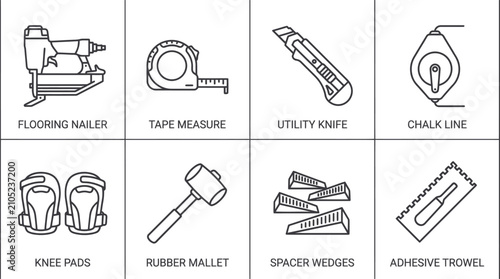 Collection of flooring installation tools outline vector icons for home renovation