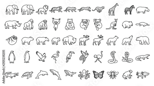 Canvas Print Collection of Hand Drawn Global Wildlife Animals Silhouettes Set Isolated on Whi
