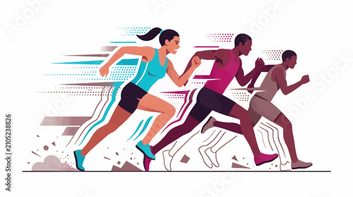 Φωτογραφία Three Diverse Runners Sprinting in a Race, Dynamic Action Illustration with Abst