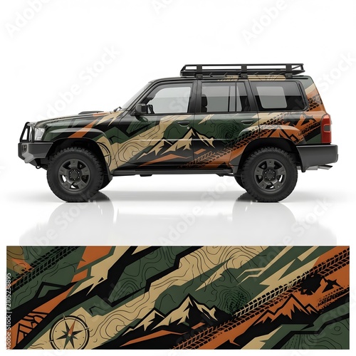 Off-road Vehicle with Mountain Camouflage Wrap and Compass Design, Adventure Vehicle Graphic