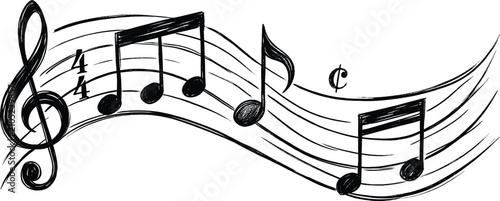 Quadro su tela Hand-drawn musical notes on wavy staff, black ink sketch of music notation with