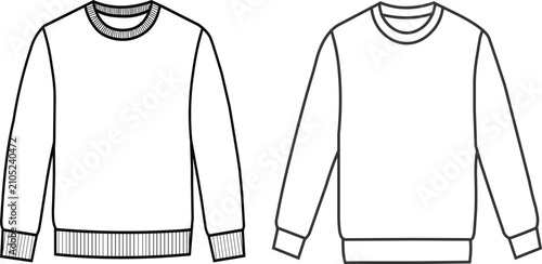 Men's Crew Neck Sweatshirt Front and Back Outline Vector Template Isolated on White Background