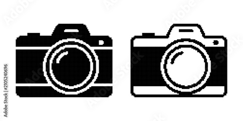 Photo Camera Icons in Black Pixel Vector Style