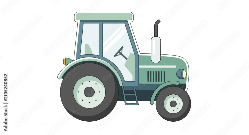 Fototapeta premium Green Tractor Illustration Side View Isolated White Background.