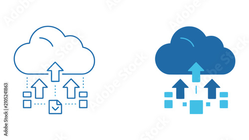 Cloud storage upload icon set with file document and data blocks representing secure file transfer and remote server backup solutions for modern information technology data management systems