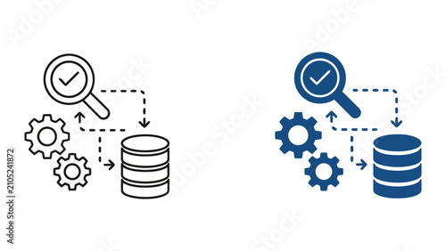 Data processing optimization icon magnifying glass gears database stacks checkmark
