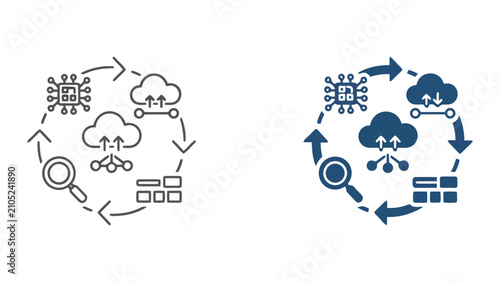 Cloud computing network infrastructure cycle diagram featuring microchip and magnifying glass data analysis icons in minimalist blue line art style for modern digital technology and server concepts