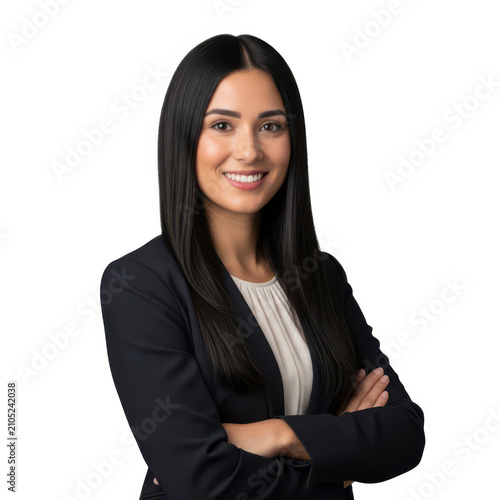 Confident professional woman with long black hair and a friendly smile.