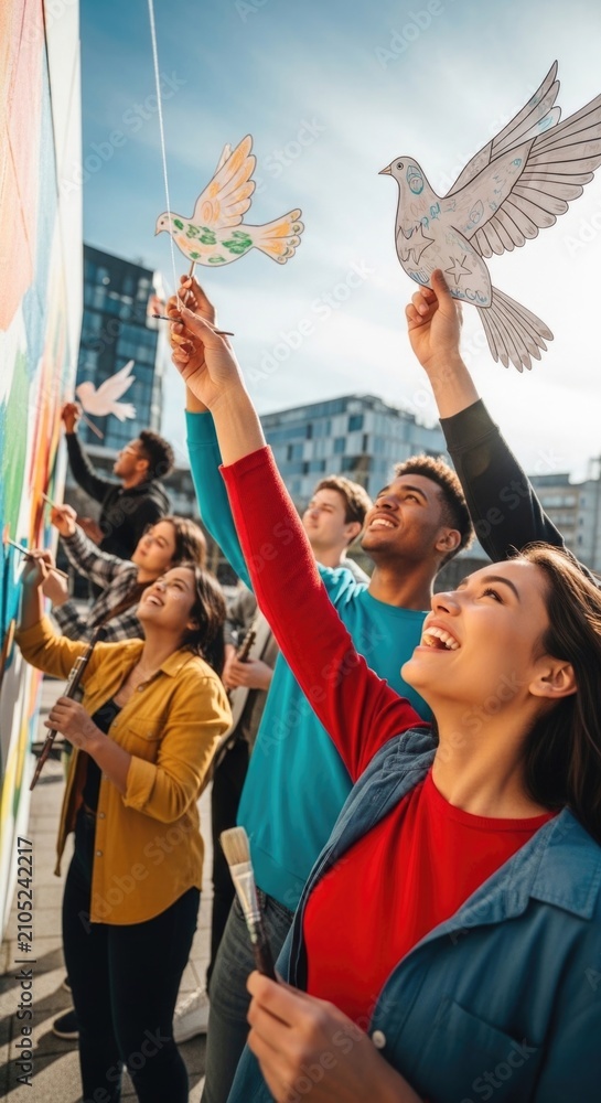 Obraz premium Cheerful young woman celebrating International Youth Day on August 12th with diverse friend group, painting colorful wall mural, holding paper peace dove cutout, smiling under sunny blue sky.