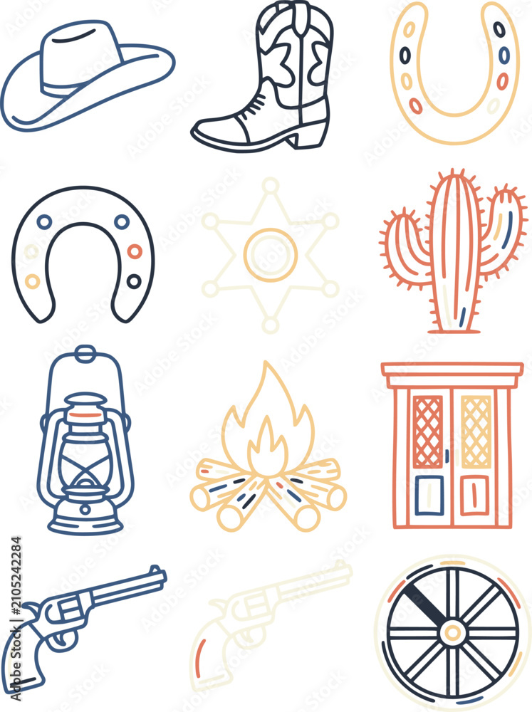 Fototapeta premium Set of wild west cowboy icons featuring hat boot horseshoe cactus lantern campfire and gun elements