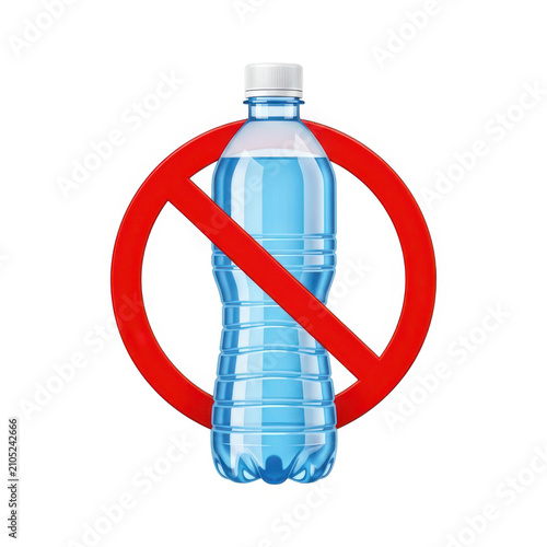 A plastic water bottle with a prohibition symbol overlaid on it, indicating disapproval or restriction.
