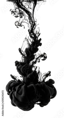 Deep black ink swirls through clear water, creating elegant and fluid organic shapes against a minimalist white background for modern art, dynamic, wallpaper, blend