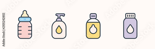 Kids sampoo, powder, bodyoil line color flat illustration 