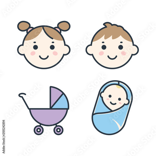 New born baby, boy, girl line color flat illustration 