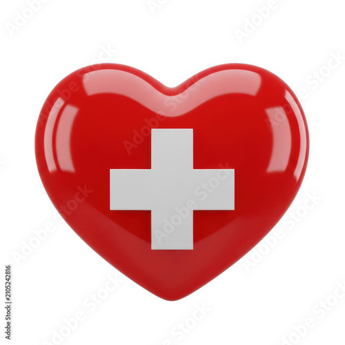 A red heart with a white cross symbolizing medical care and health.