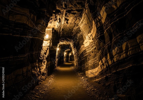Dimly lit subterranean mining passage showcasing sharp jagged walls and dark mineral layers under warm artificial light in a deep shaft, tunnel, earth, mineral