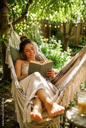 Young woman relaxing in hammock reading book in summer garden