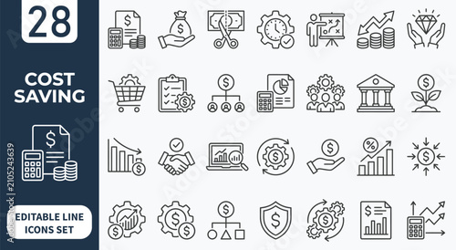 Cost Saving icon set. Containing saving, budget, cost, efficiency, reduction, expense, planning, spending, investment, and more. Outline icons collection. Editable stroke. Vector illustration