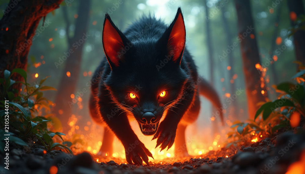 Fototapeta premium Black creature with glowing orange eyes runs through dark forest floor. Wild animal pointed ears, sharp teeth. Fantasy beast moves across glowing embers in woods. Digital artwork shows scary monster