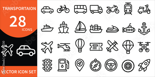 Transportation vector illustration icon set 28 line icons for travel logistics designs