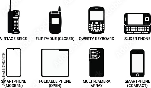 Konstfotografi Collection Of Mobile Phones Black Silhouettes On White Background