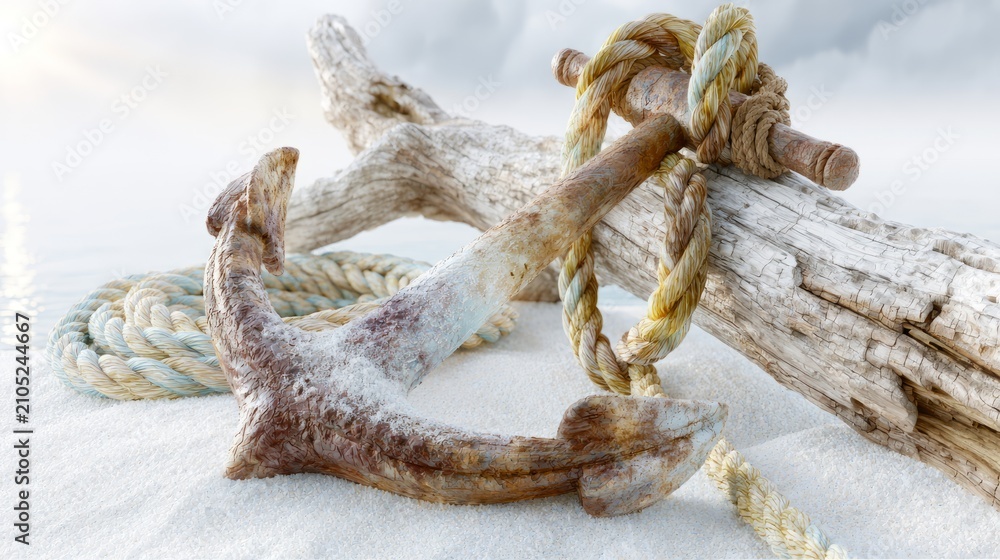 Fototapeta premium Rustic metal anchor with weathered wooden driftwood and thick rope on sand