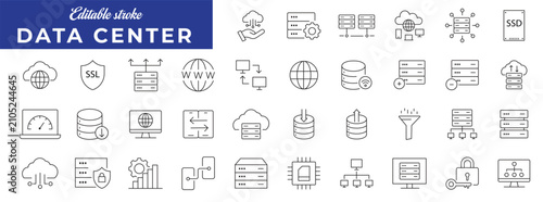 Data Center icon set in editable stroke. Containing server, hosting, cloud computing, security, internet, computer, data processing, and more. Vector illustration