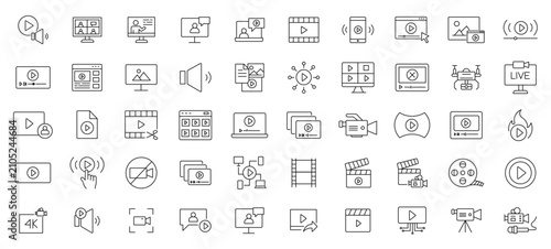 Multimedia Line Icons Set with Editable Stroke. Streaming, Film Production, Player Controls and Outline Vector Collection