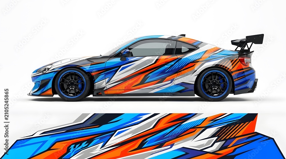 Fototapeta premium Dynamic Sports Car Wrap Design with Blue, Orange, and White Abstract Graphics