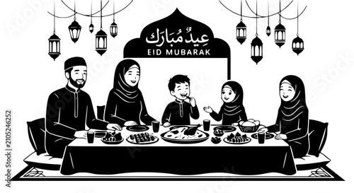 Eid mubarak family celebrating with traditional food at dinner table