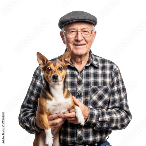 An elderly man happily holding his dog, showcasing a loving companionship between the two.