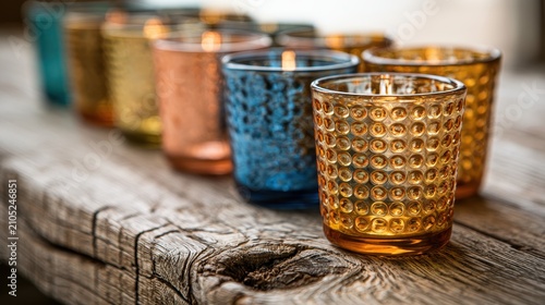 Amber and blue glass candle holders on wood. Cozy home decor.
