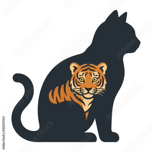 Minimalist Silhouette Graphic Featuring a Black Domestic Cat Profile Containing a Realistic Small Orange Tiger Portrait for Artistic Creative Projects