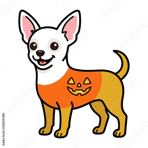 A cute chihuahua dog wearing a bright orange Halloween shirt featuring a friendly jack o lantern pumpkin design for a fun autumn seasonal celebration