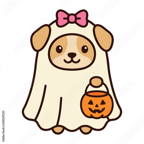 Cute cartoon puppy dog wearing a white sheet ghost costume with a pink bow holding a jack o lantern candy bucket for a fun halloween celebration art